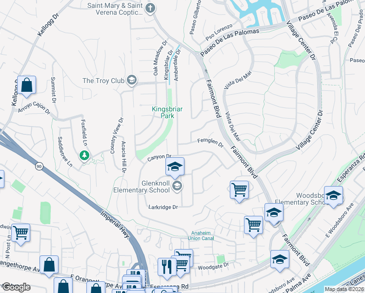 map of restaurants, bars, coffee shops, grocery stores, and more near 6122 Amberdale Drive in Yorba Linda
