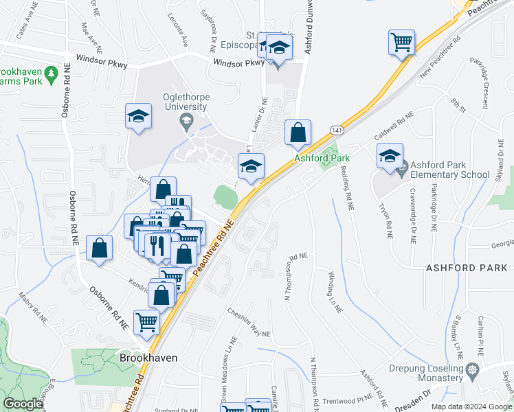 map of restaurants, bars, coffee shops, grocery stores, and more near 105 Brookhaven Way Northeast in Brookhaven