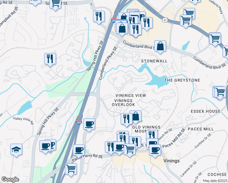 map of restaurants, bars, coffee shops, grocery stores, and more near 3290 Cumberland Club Drive in Atlanta