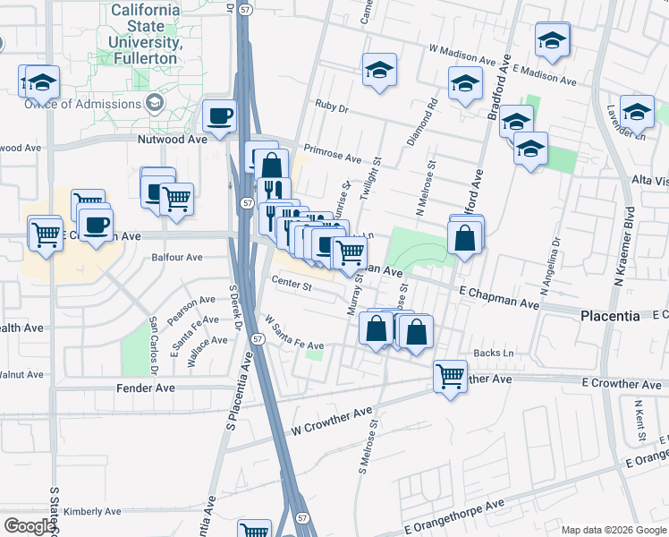 map of restaurants, bars, coffee shops, grocery stores, and more near 602 West Chapman Avenue in Placentia