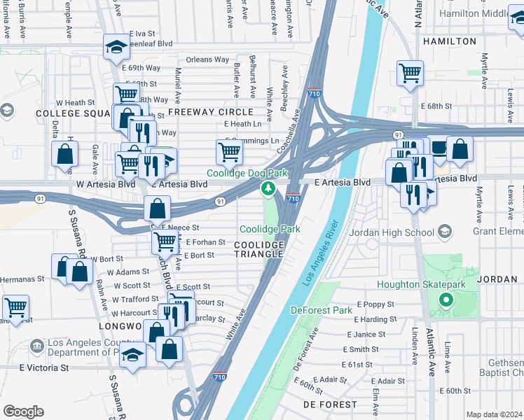 map of restaurants, bars, coffee shops, grocery stores, and more near 331 East 65th Street in Long Beach