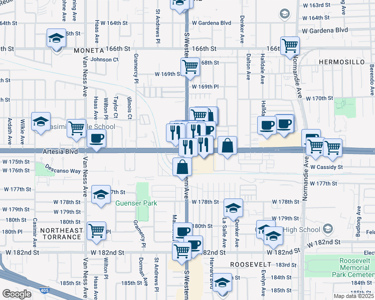 map of restaurants, bars, coffee shops, grocery stores, and more near S Western Ave & Artesia Blvd in Torrance