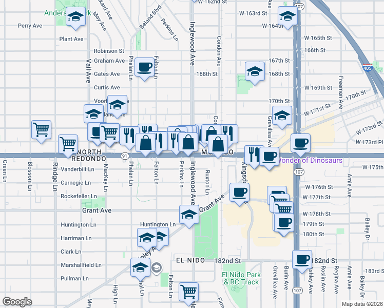 map of restaurants, bars, coffee shops, grocery stores, and more near Inglewood Ave & Artesia Blvd in Redondo Beach