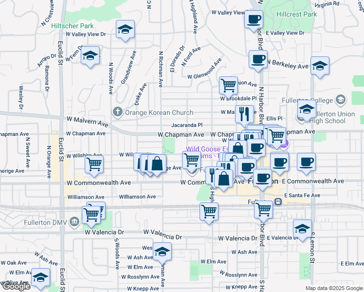 map of restaurants, bars, coffee shops, grocery stores, and more near 301 North Ford Avenue in Fullerton