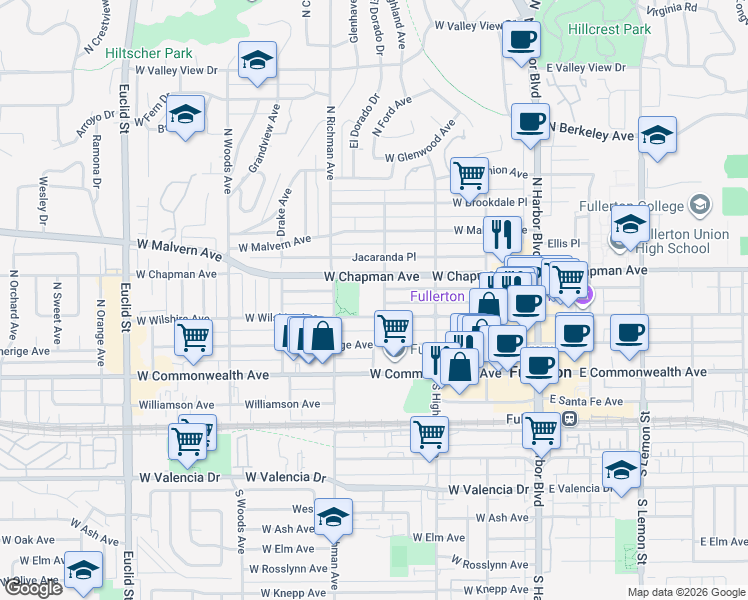 map of restaurants, bars, coffee shops, grocery stores, and more near 351 North Ford Avenue in Fullerton
