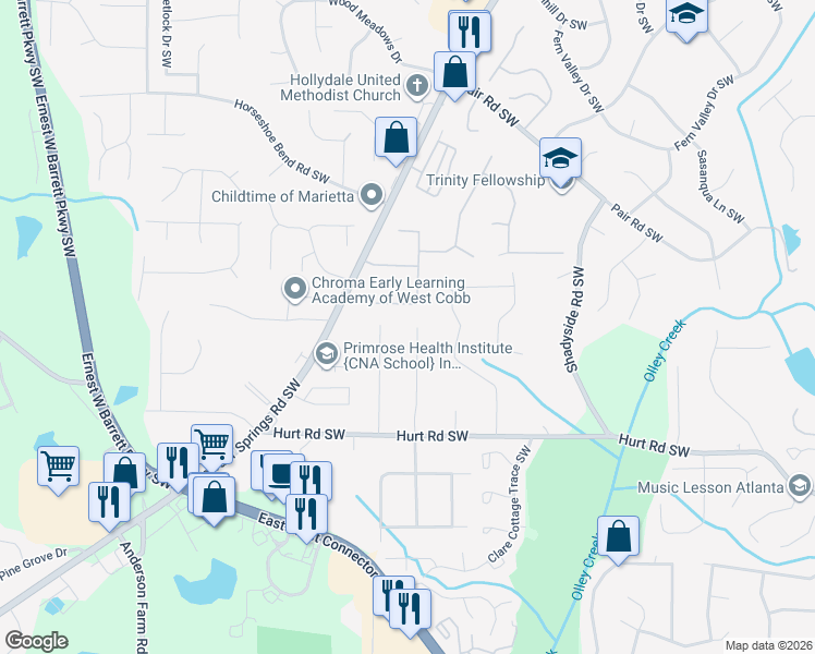 map of restaurants, bars, coffee shops, grocery stores, and more near 3310 Bryan Way Southwest in Marietta