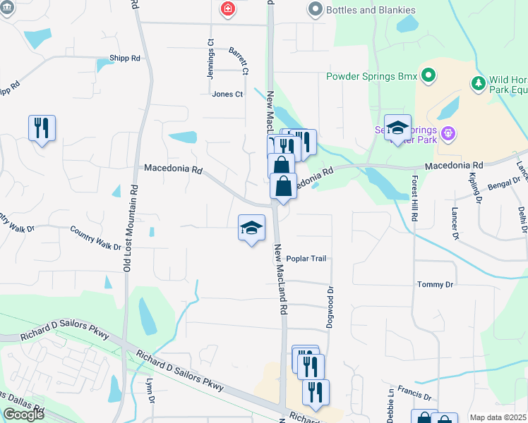 map of restaurants, bars, coffee shops, grocery stores, and more near 3316 New Macland Road in Powder Springs