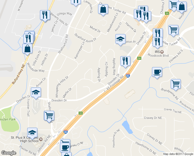 map of restaurants, bars, coffee shops, grocery stores, and more near 2902 Appling Dr in Atlanta