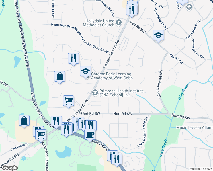map of restaurants, bars, coffee shops, grocery stores, and more near 3308 Quail Run Southwest in Marietta