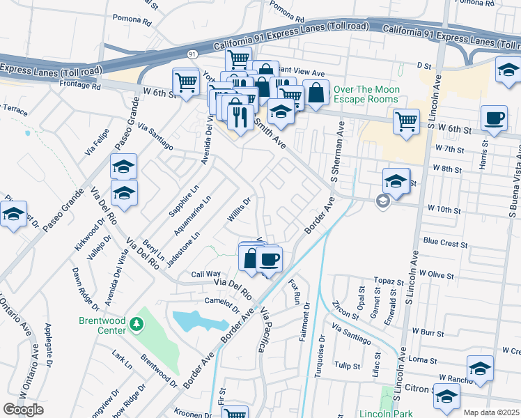 map of restaurants, bars, coffee shops, grocery stores, and more near 1414 Rainbrook Way in Corona