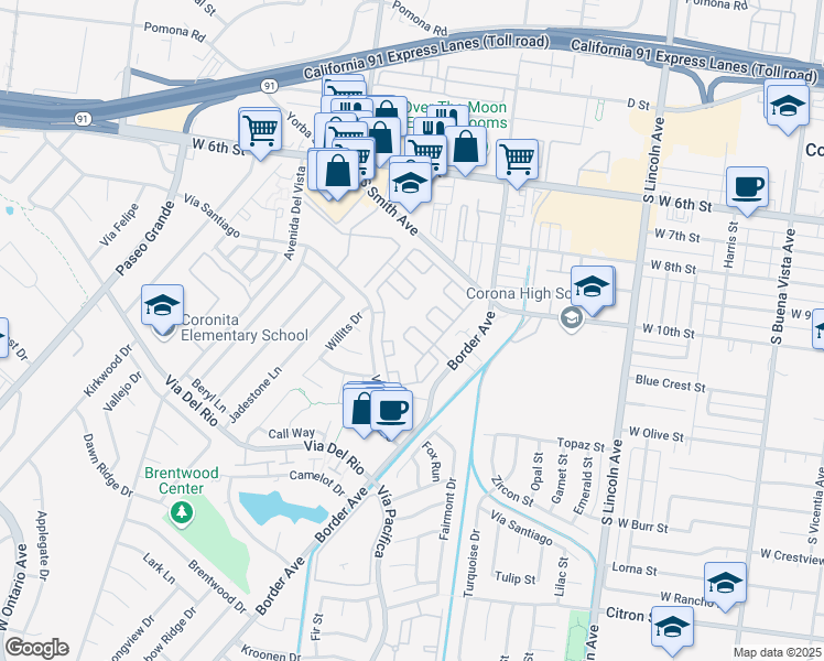 map of restaurants, bars, coffee shops, grocery stores, and more near 1366 Thornwood Square in Corona