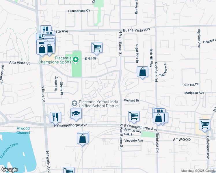 map of restaurants, bars, coffee shops, grocery stores, and more near 1570 East Hastings Way in Placentia