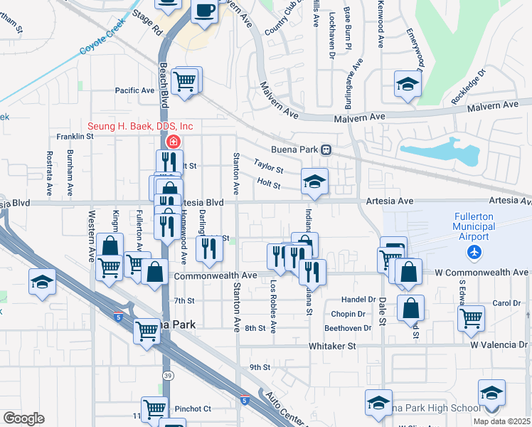 map of restaurants, bars, coffee shops, grocery stores, and more near 8102 Artesia Boulevard in Buena Park