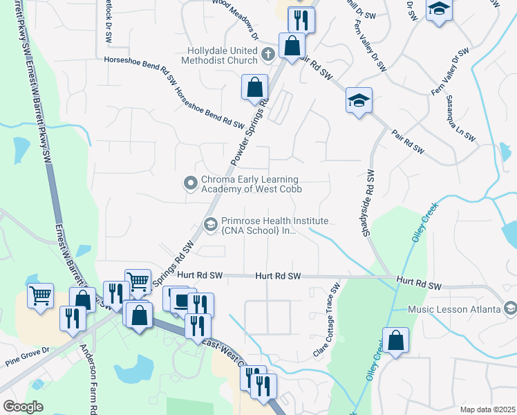 map of restaurants, bars, coffee shops, grocery stores, and more near 3310 Bryan Way Southwest in Marietta