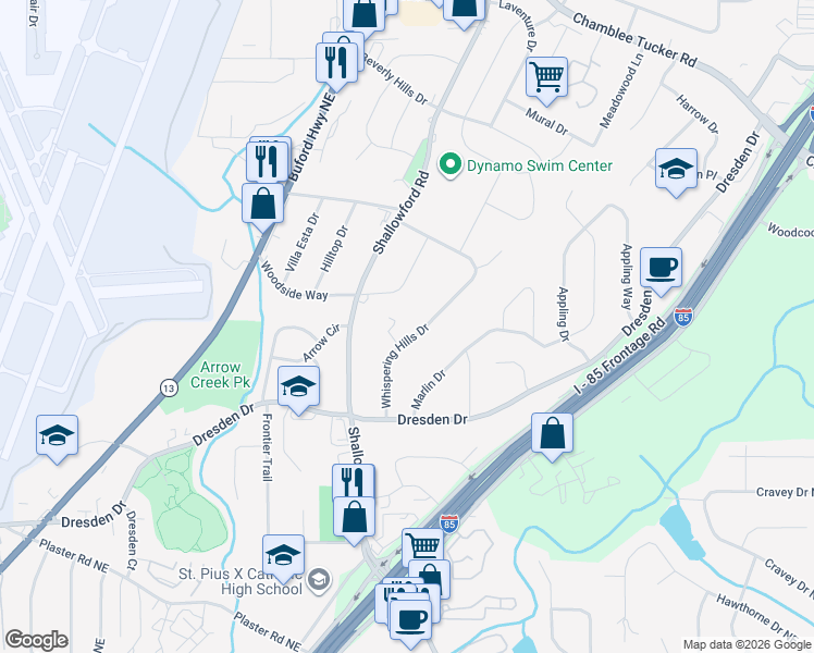 map of restaurants, bars, coffee shops, grocery stores, and more near 2898 Whispering Hills Dr in Atlanta