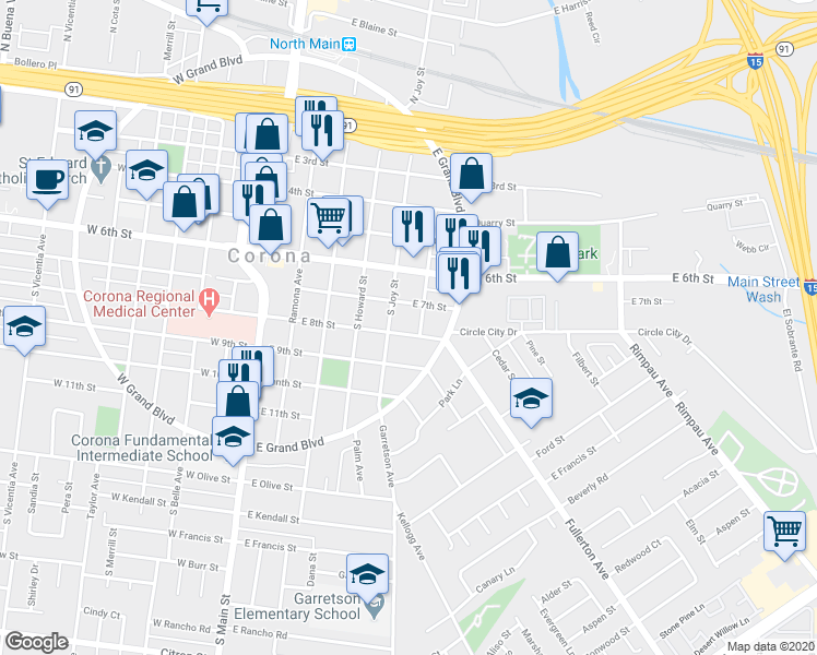 map of restaurants, bars, coffee shops, grocery stores, and more near 517 East 8th Street in Corona