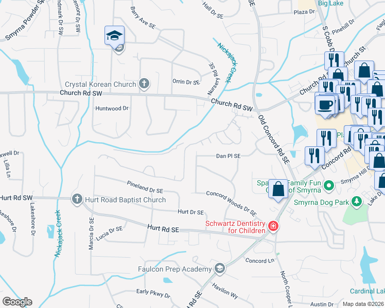 map of restaurants, bars, coffee shops, grocery stores, and more near 3318 Creek Valley Drive Southeast in Smyrna