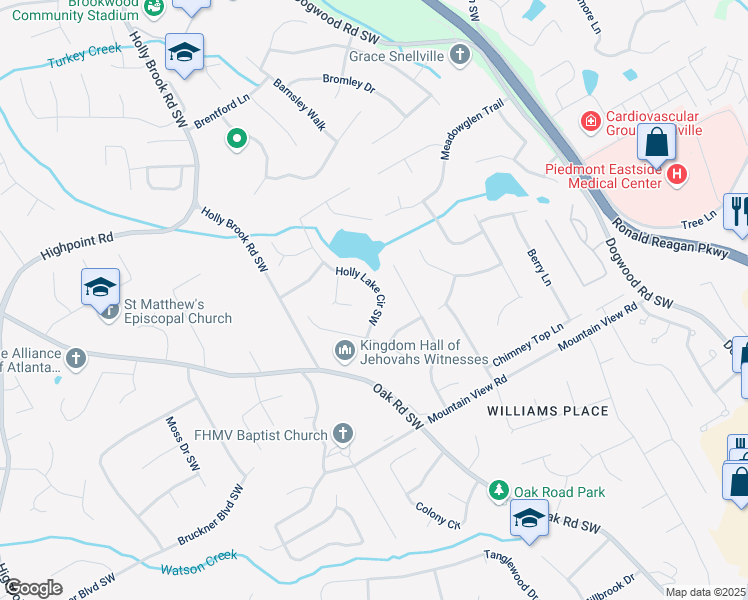 map of restaurants, bars, coffee shops, grocery stores, and more near 1655 Holly Lake Circle Southwest in Snellville