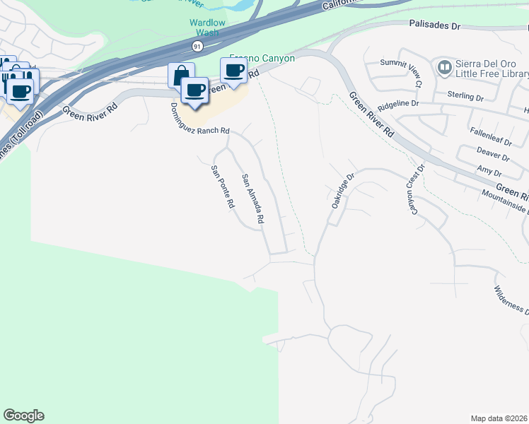 map of restaurants, bars, coffee shops, grocery stores, and more near 1581 San Almada Drive in Corona
