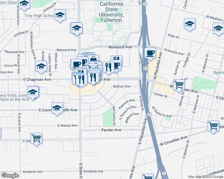 map of restaurants, bars, coffee shops, grocery stores, and more near 2536 Balfour Avenue in Fullerton