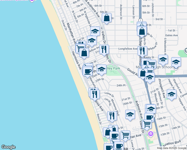 map of restaurants, bars, coffee shops, grocery stores, and more near 231 26th Street in Hermosa Beach