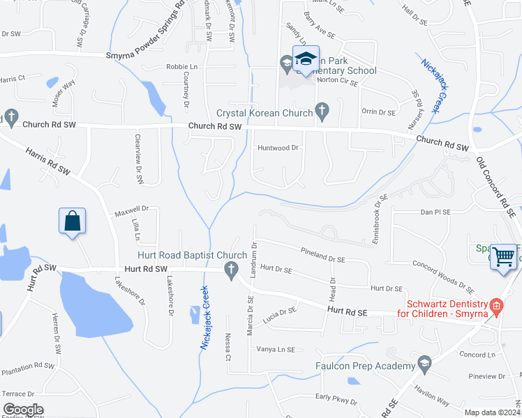 map of restaurants, bars, coffee shops, grocery stores, and more near 107 Ennisbrook Drive Southeast in Smyrna