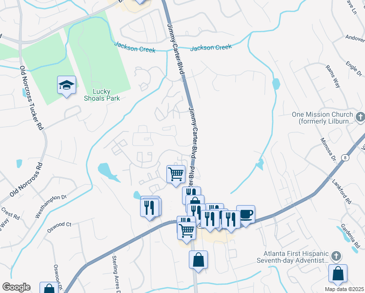 map of restaurants, bars, coffee shops, grocery stores, and more near 430 Club Parkway in Norcross