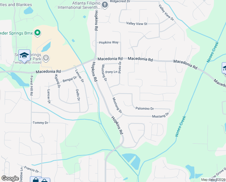 map of restaurants, bars, coffee shops, grocery stores, and more near 3466 Mustang Drive in Powder Springs