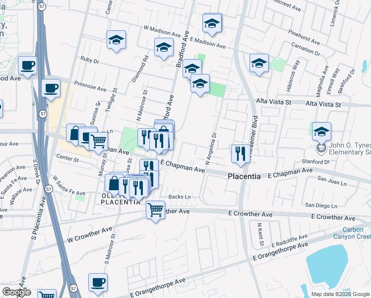 map of restaurants, bars, coffee shops, grocery stores, and more near 201 East Chapman Avenue in Placentia
