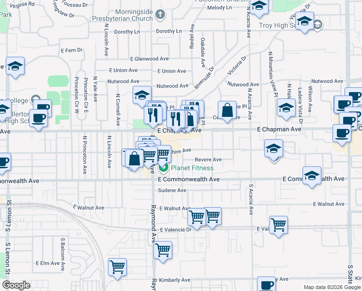 map of restaurants, bars, coffee shops, grocery stores, and more near 1319 East Wilshire Avenue in Fullerton