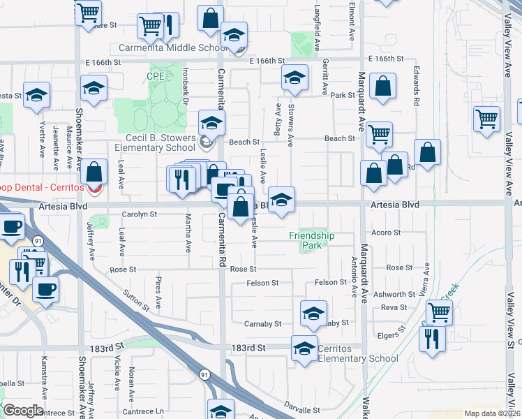 map of restaurants, bars, coffee shops, grocery stores, and more near 13509 Carolyn Place in Cerritos