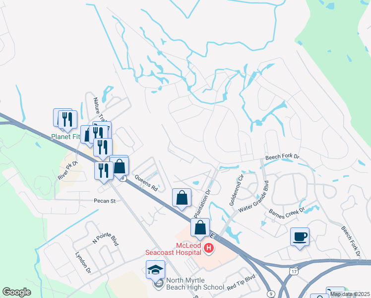 map of restaurants, bars, coffee shops, grocery stores, and more near 1025 Plantation Dr W in Little River