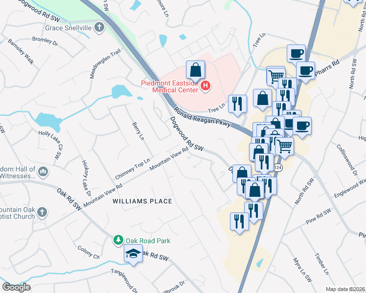 map of restaurants, bars, coffee shops, grocery stores, and more near 2282 Ivy Mountain Drive in Snellville