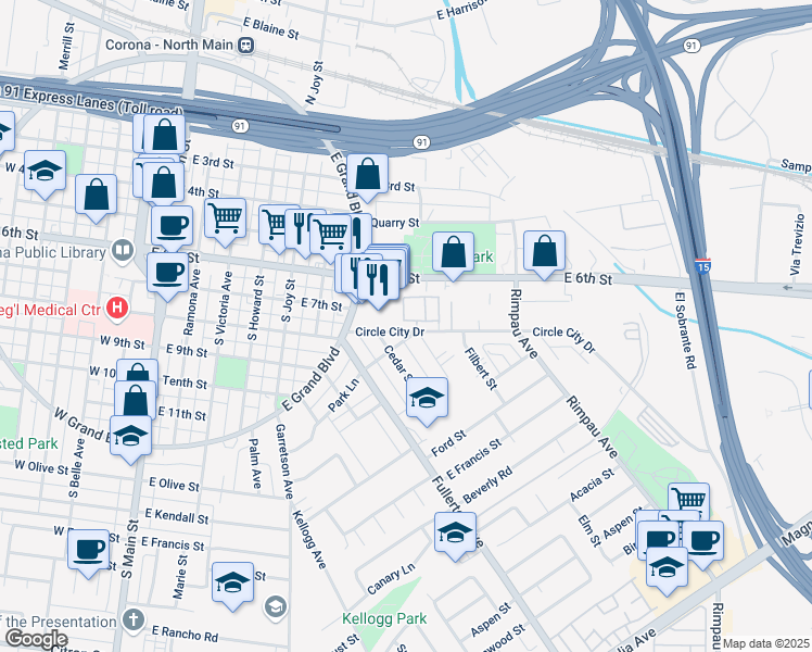 map of restaurants, bars, coffee shops, grocery stores, and more near 990 Margarita Drive in Corona
