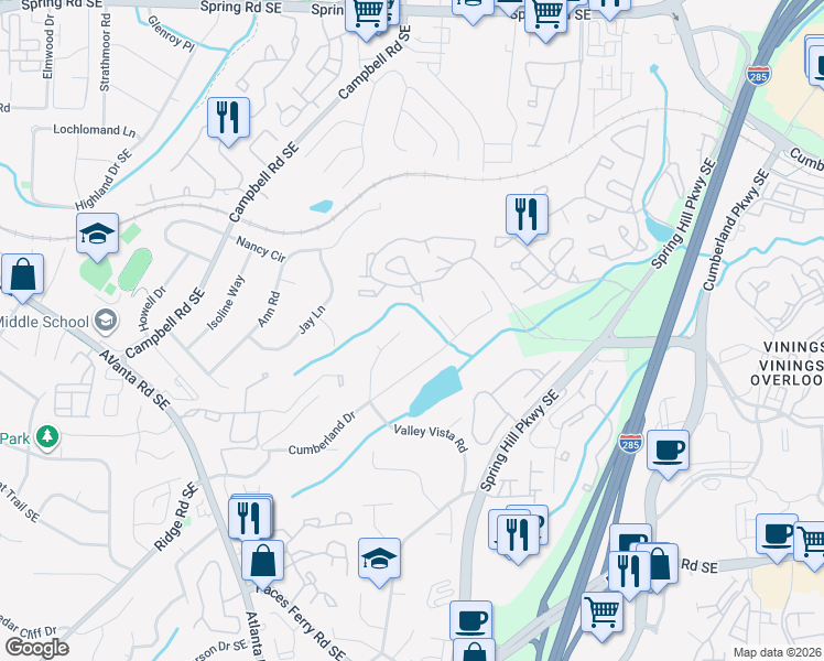 map of restaurants, bars, coffee shops, grocery stores, and more near 3321 Valley Vista Rd in Smyrna