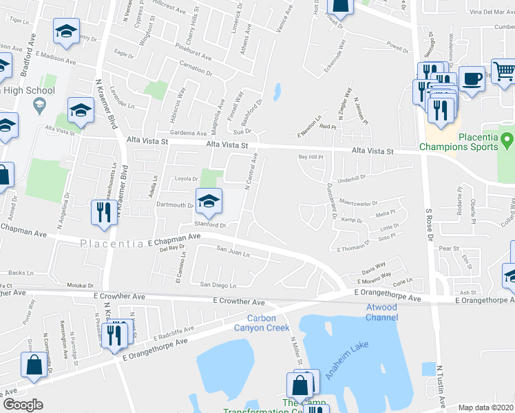 map of restaurants, bars, coffee shops, grocery stores, and more near 218 Downey Lane in Placentia