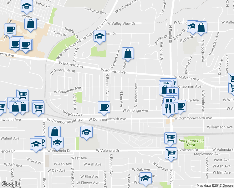 map of restaurants, bars, coffee shops, grocery stores, and more near 312 North Wayne Avenue in Fullerton