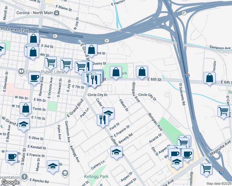 map of restaurants, bars, coffee shops, grocery stores, and more near 799 Gianni Drive in Corona