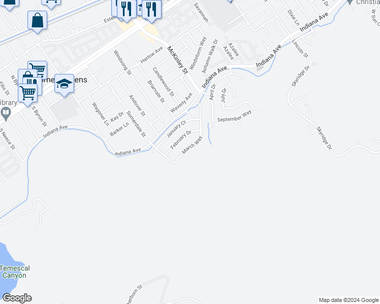 map of restaurants, bars, coffee shops, grocery stores, and more near 13304 March Way in Corona