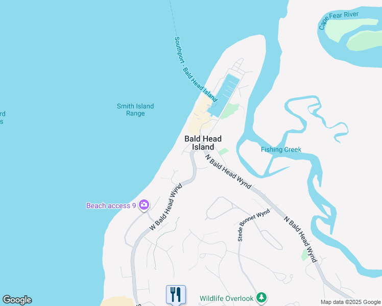 map of restaurants, bars, coffee shops, grocery stores, and more near 1 Green Teal Trail in Bald Head Island
