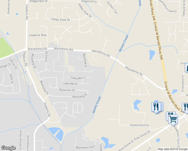 map of restaurants, bars, coffee shops, grocery stores, and more near 3451 Caley Mill Lane in Powder Springs