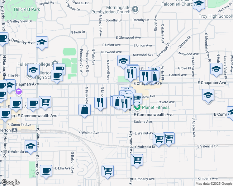 map of restaurants, bars, coffee shops, grocery stores, and more near 213 Stanford Avenue in Fullerton