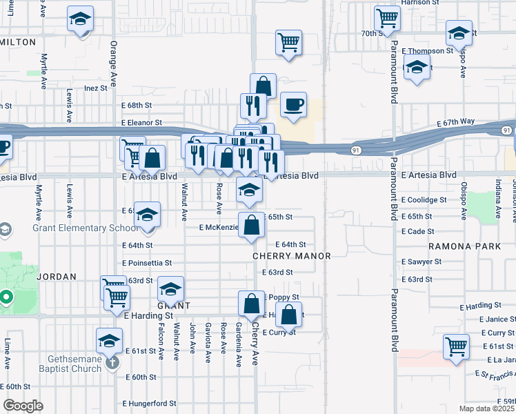 map of restaurants, bars, coffee shops, grocery stores, and more near 6510 Cherry Avenue in Long Beach