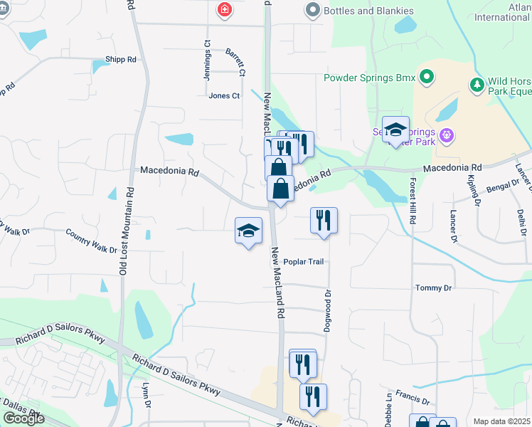 map of restaurants, bars, coffee shops, grocery stores, and more near 3316 New Macland Road in Powder Springs