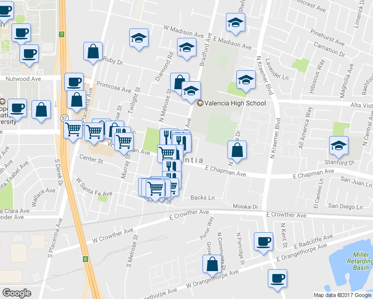 map of restaurants, bars, coffee shops, grocery stores, and more near 116 N Bradford Ave in Placentia