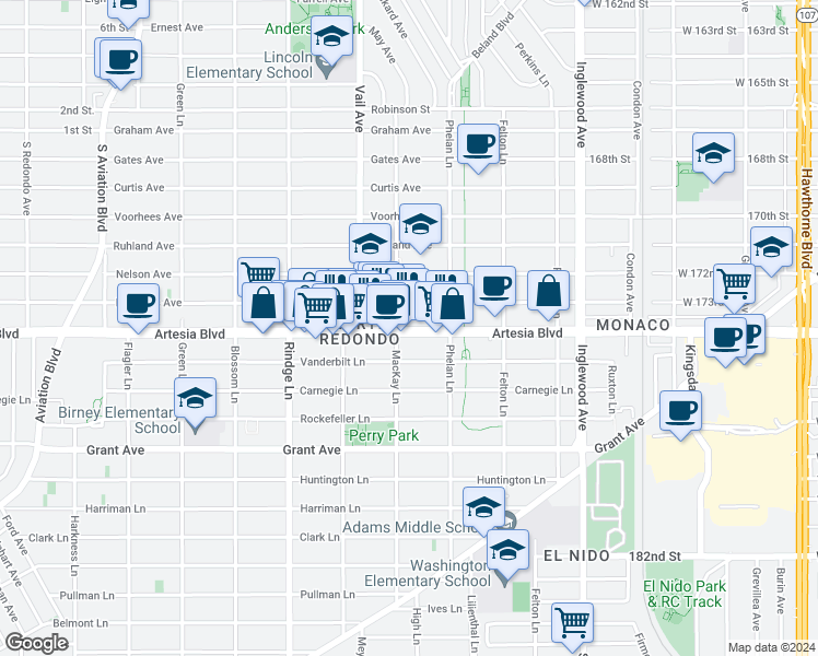 map of restaurants, bars, coffee shops, grocery stores, and more near 2403 Artesia Boulevard in Redondo Beach