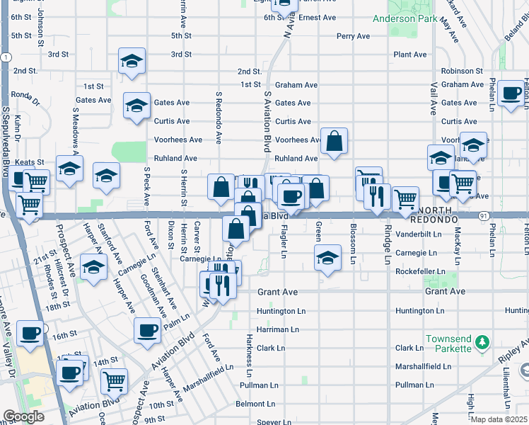 map of restaurants, bars, coffee shops, grocery stores, and more near 1778 Artesia Boulevard in Manhattan Beach