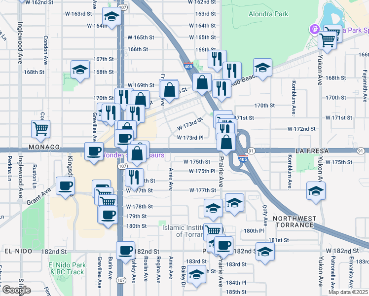 map of restaurants, bars, coffee shops, grocery stores, and more near 4125 Artesia Boulevard in Torrance