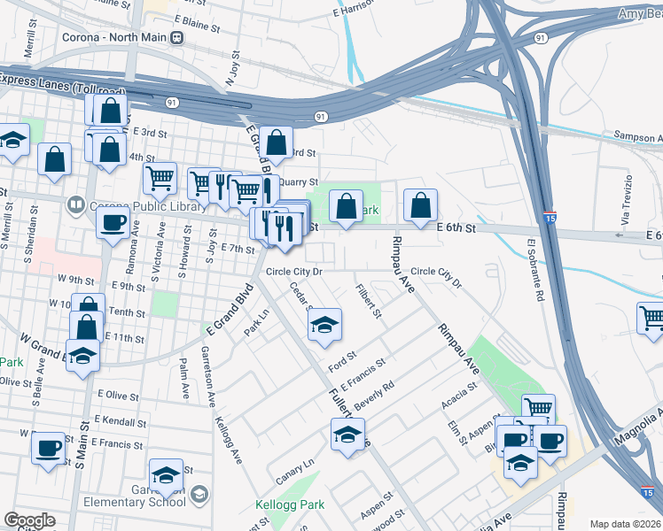 map of restaurants, bars, coffee shops, grocery stores, and more near 1010 Margarita Drive in Corona