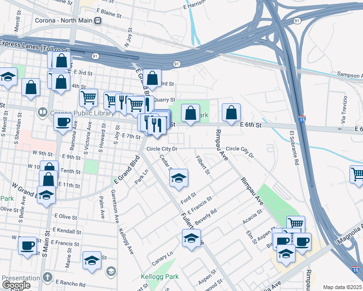 map of restaurants, bars, coffee shops, grocery stores, and more near 1010 Margarita Drive in Corona